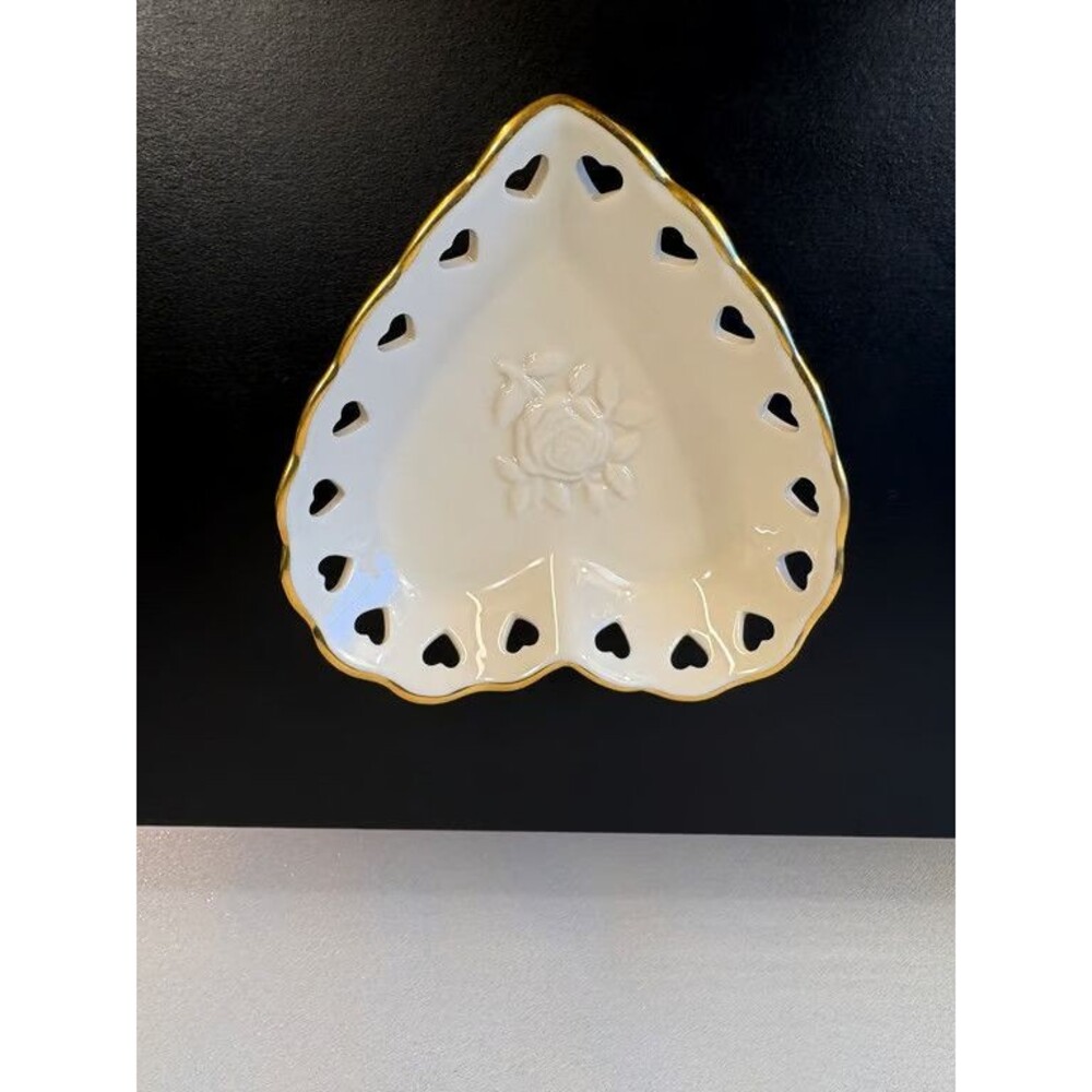 Lenox Heart Shaped Pierced Dish Embossed Rose Gold Rim Porcelain Made USA